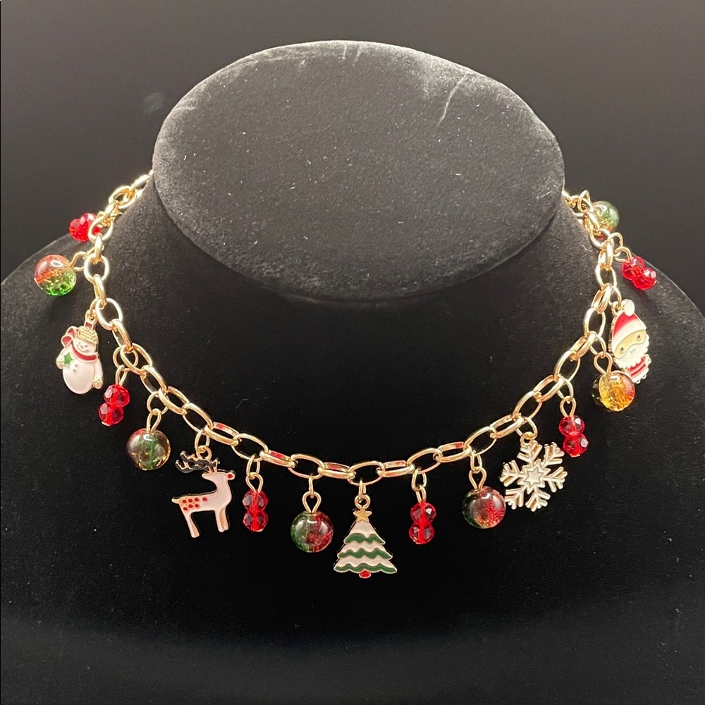 Christmas Charm Necklace with Red and Green Beads - 14.5”-17.5” - Picture 2 of 5